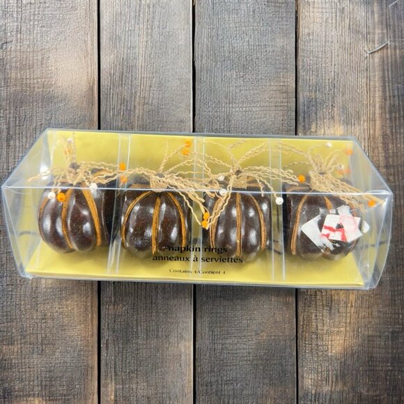Pier 1 Imports Napkin Rings Wood Wooden Thanksgiving Pumpkin Set of 4 New Box - Picture 1 of 11